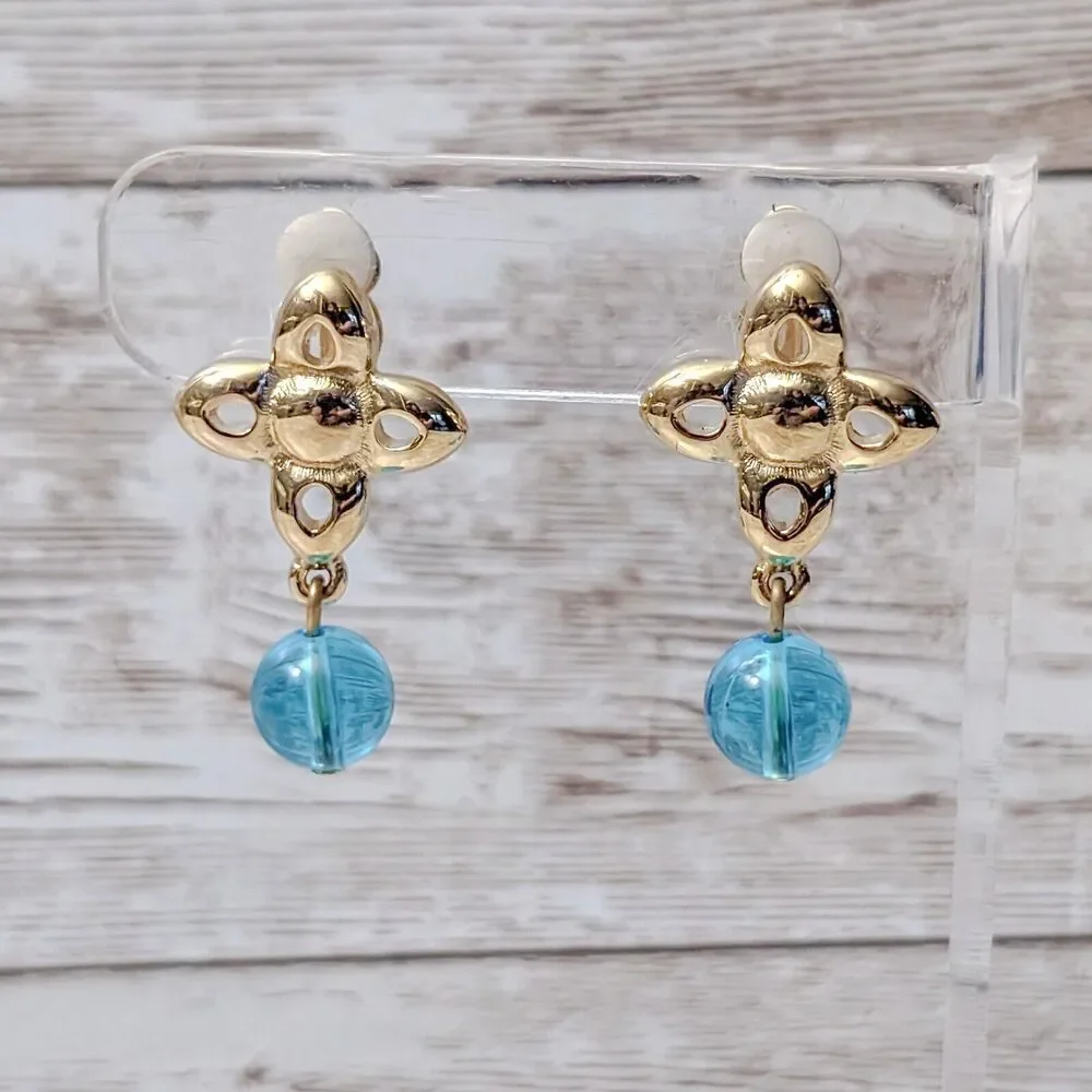 Vintage Givenchy Clip On Earrings - Gold Tone & Blue Dangle